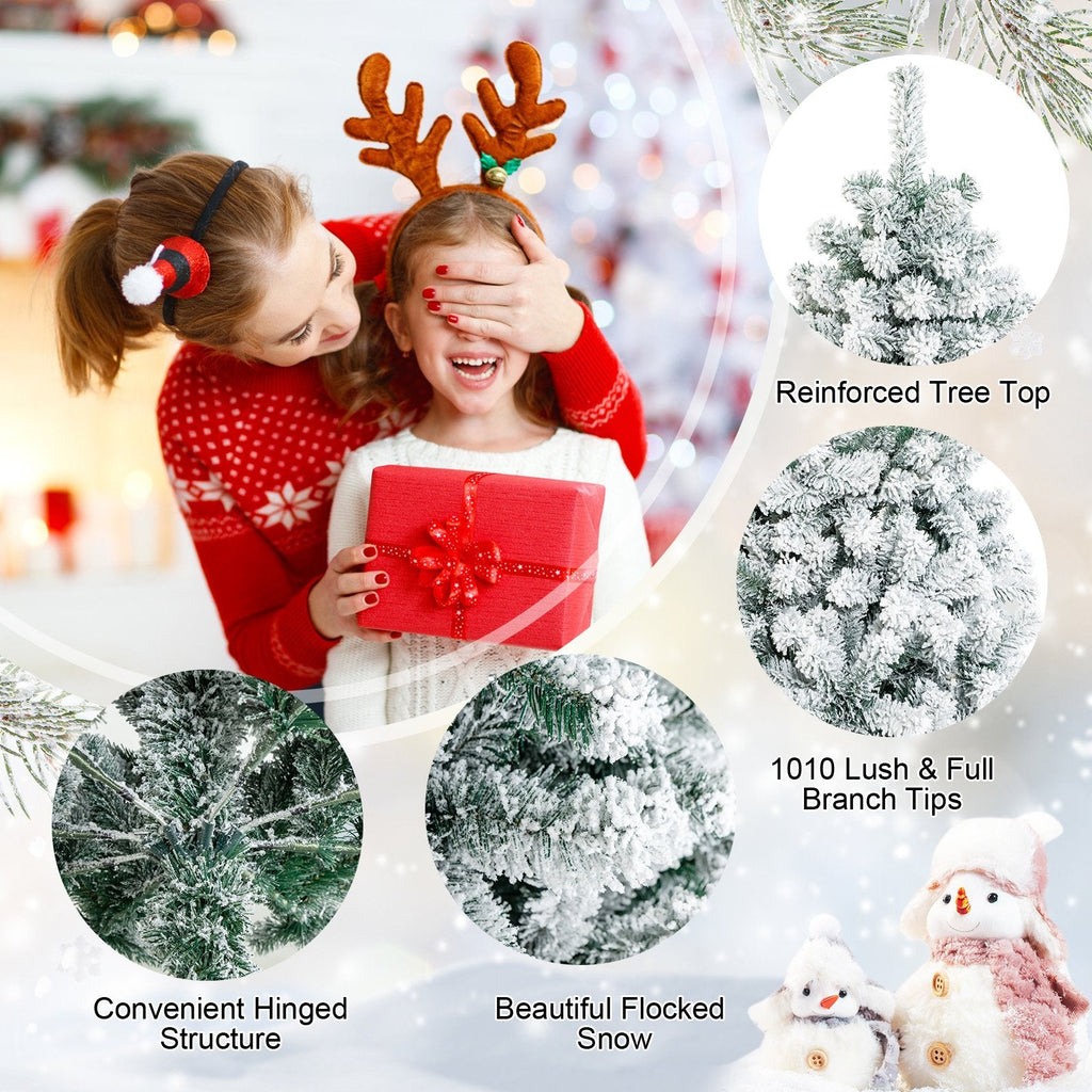 7.5 FT Snow Flocked Artificial Christmas Tree, Unlit, 1010 Tips, Four Hinged Sections