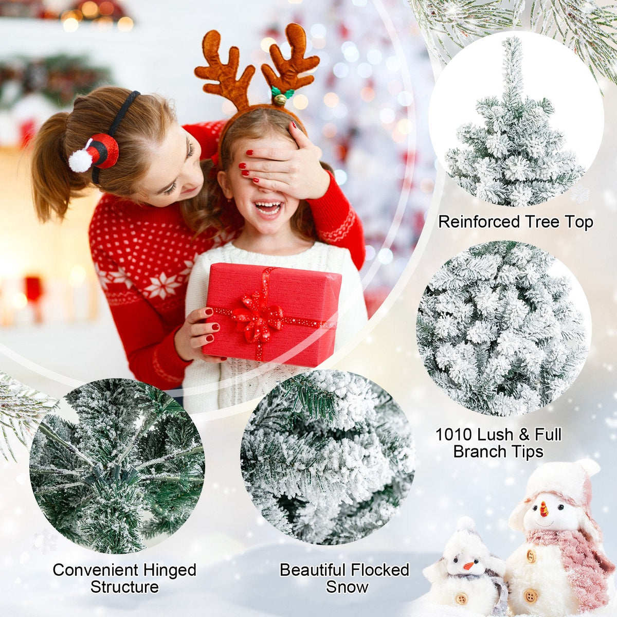 7.5 FT Snow Flocked Artificial Christmas Tree, Unlit, 1010 Tips, Four Hinged Sections
