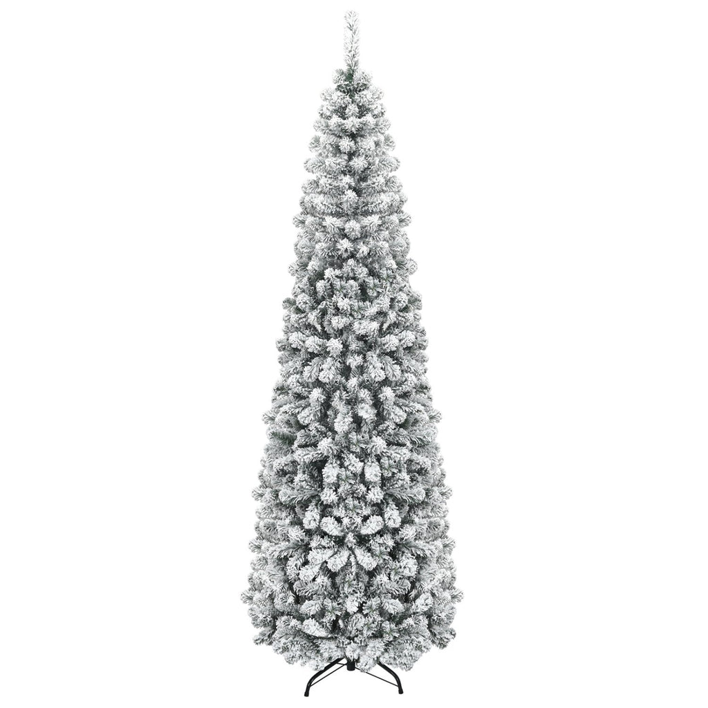 7.5 FT Unlit Snow Flocked Pencil Christmas Tree, 2.2 FT Wide, 641 Tips, Hinged Branches