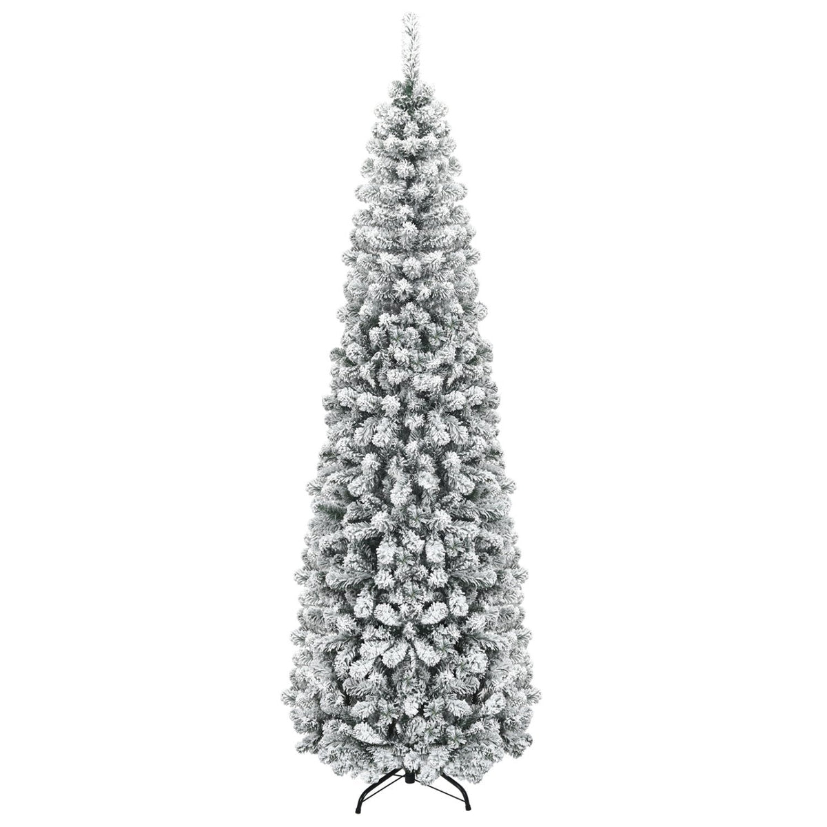 7.5 FT Unlit Snow Flocked Pencil Christmas Tree, 2.2 FT Wide, 641 Tips, Hinged Branches
