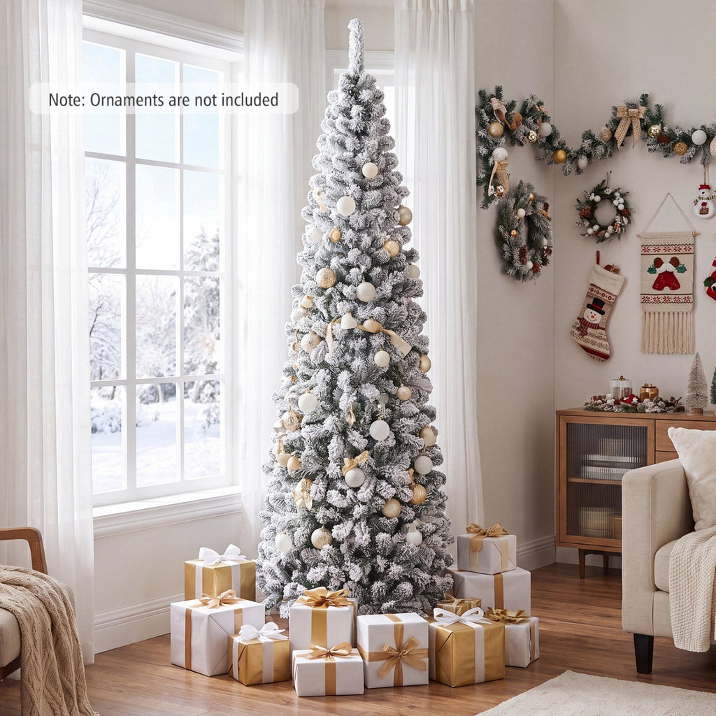 7.5 FT Unlit Snow Flocked Pencil Christmas Tree, 2.2 FT Wide, 641 Tips, Hinged Branches