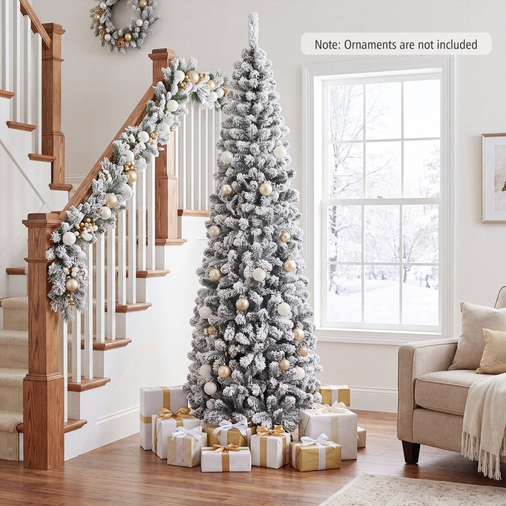 7.5 FT Unlit Snow Flocked Pencil Christmas Tree, 2.2 FT Wide, 641 Tips, Hinged Branches
