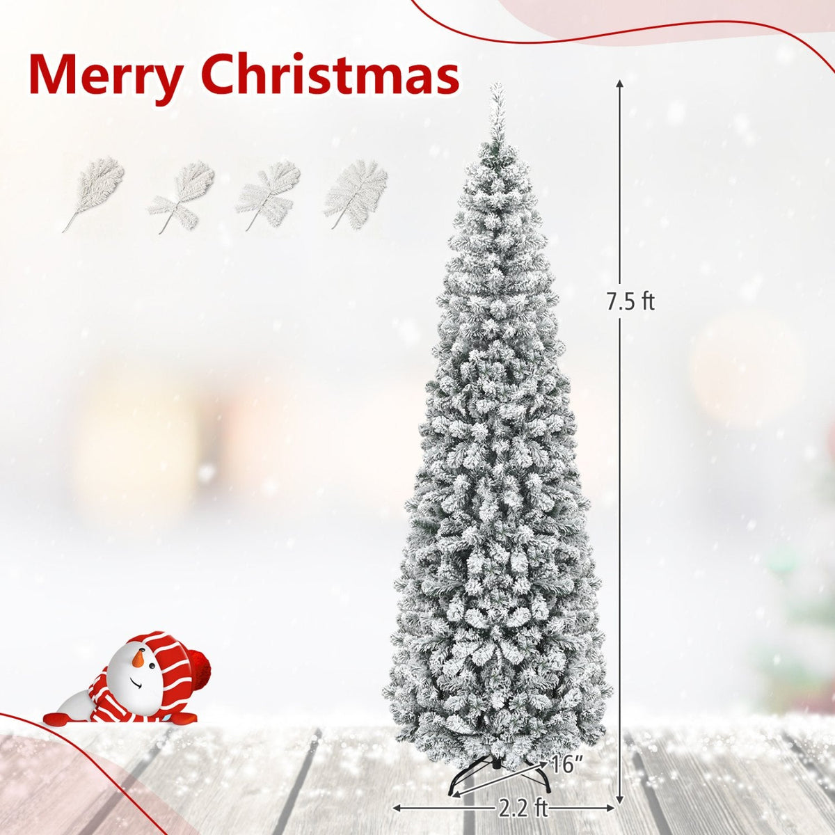 7.5 FT Unlit Snow Flocked Pencil Christmas Tree, 2.2 FT Wide, 641 Tips, Hinged Branches