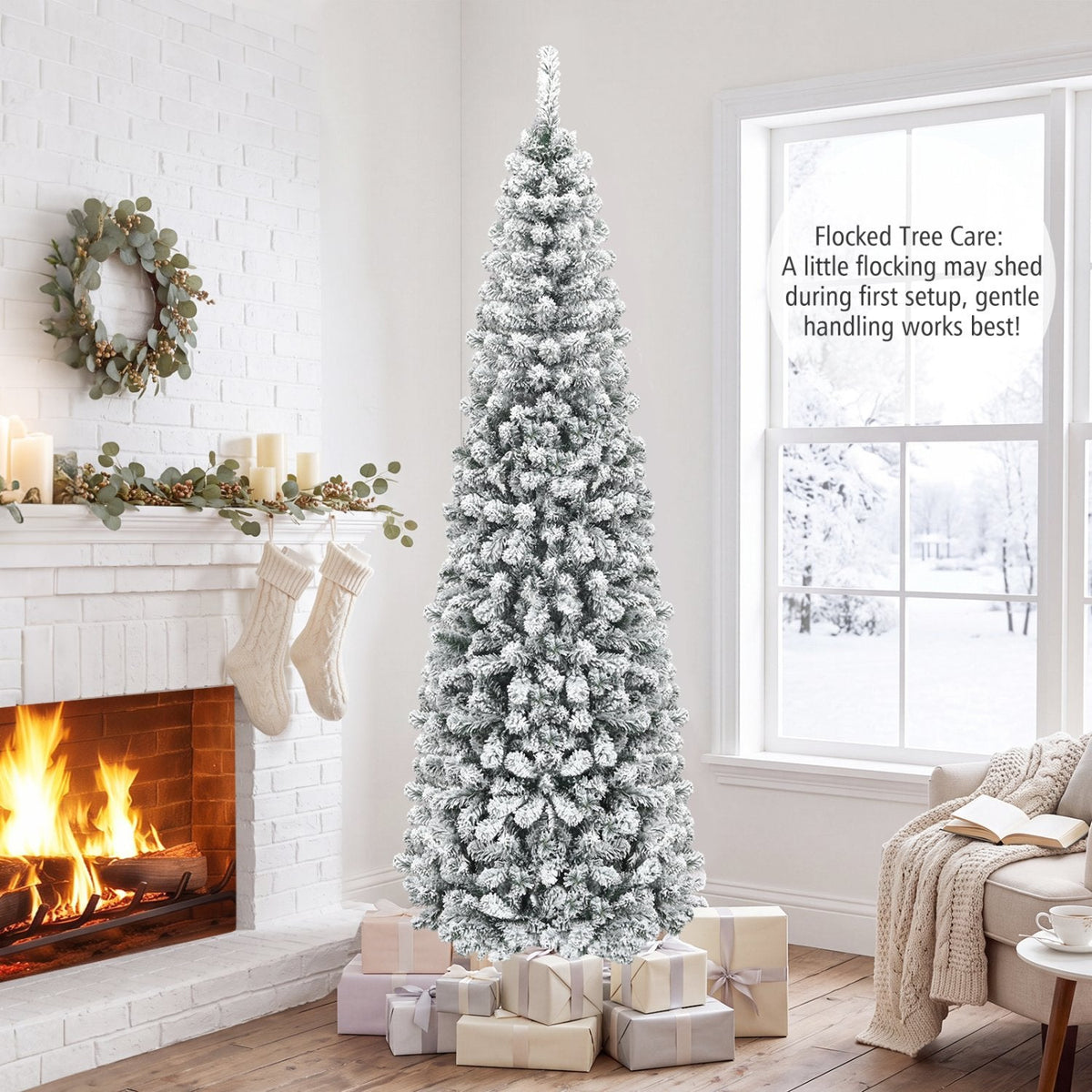 7.5 FT Unlit Snow Flocked Pencil Christmas Tree, 2.2 FT Wide, 641 Tips, Hinged Branches