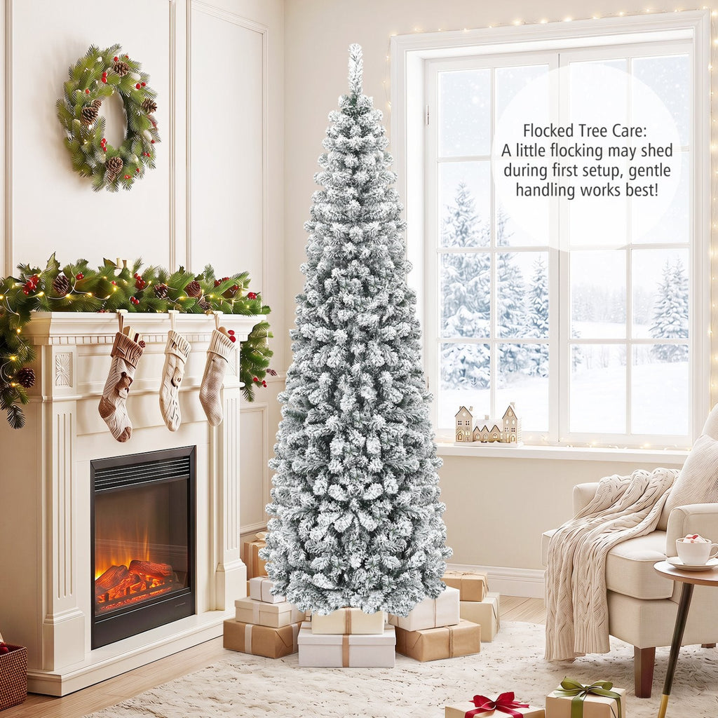 7.5 FT Unlit Snow Flocked Pencil Christmas Tree, 2.2 FT Wide, 641 Tips, Hinged Branches