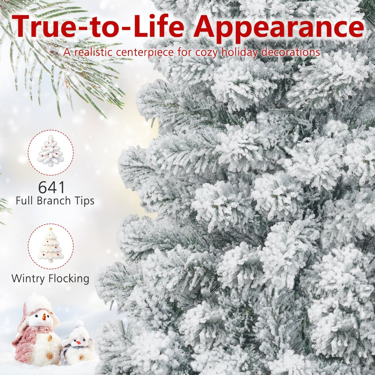 7.5 FT Unlit Snow Flocked Pencil Christmas Tree, 2.2 FT Wide, 641 Tips, Hinged Branches