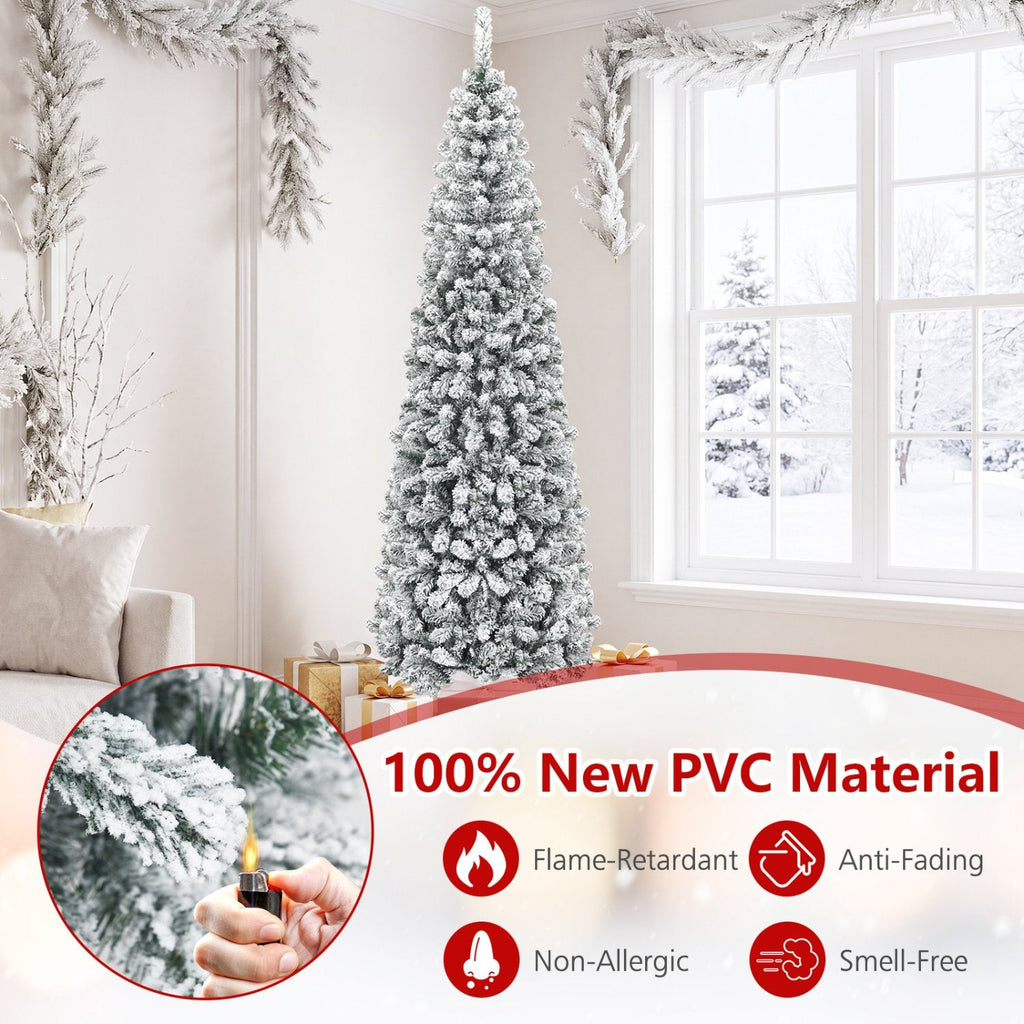 7.5 FT Unlit Snow Flocked Pencil Christmas Tree, 2.2 FT Wide, 641 Tips, Hinged Branches