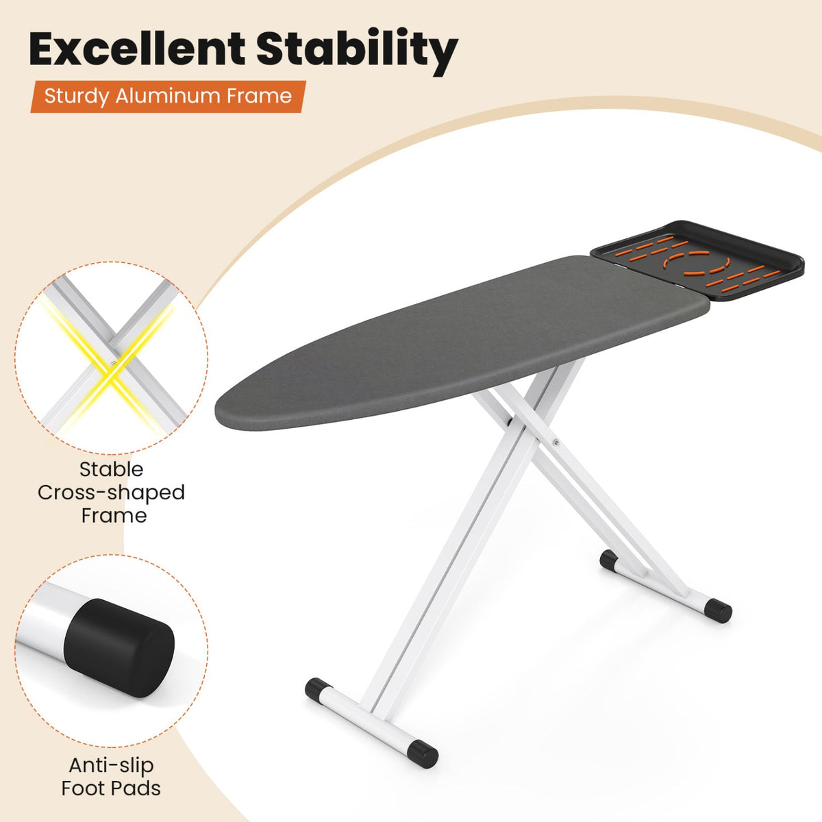 7 Adjustable Height Foldable Full Size Ironing Board with Iron Rest and Heat-resistant Surface
