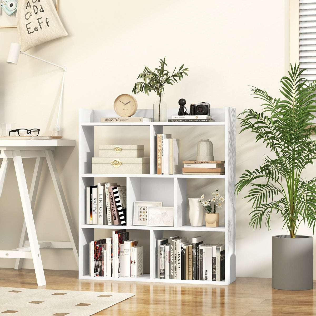 White 7 Cube Open Back Bookshelf with Raised Top Edge and 2 Anti Toppling Devices