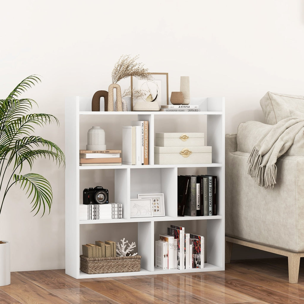 White 7 Cube Open Back Bookshelf with Raised Top Edge and 2 Anti Toppling Devices