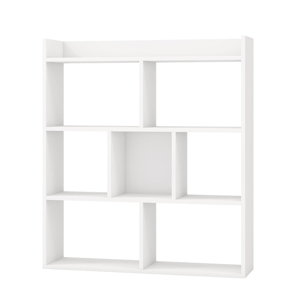White 7 Cube Open Back Bookshelf with Raised Top Edge and 2 Anti Toppling Devices