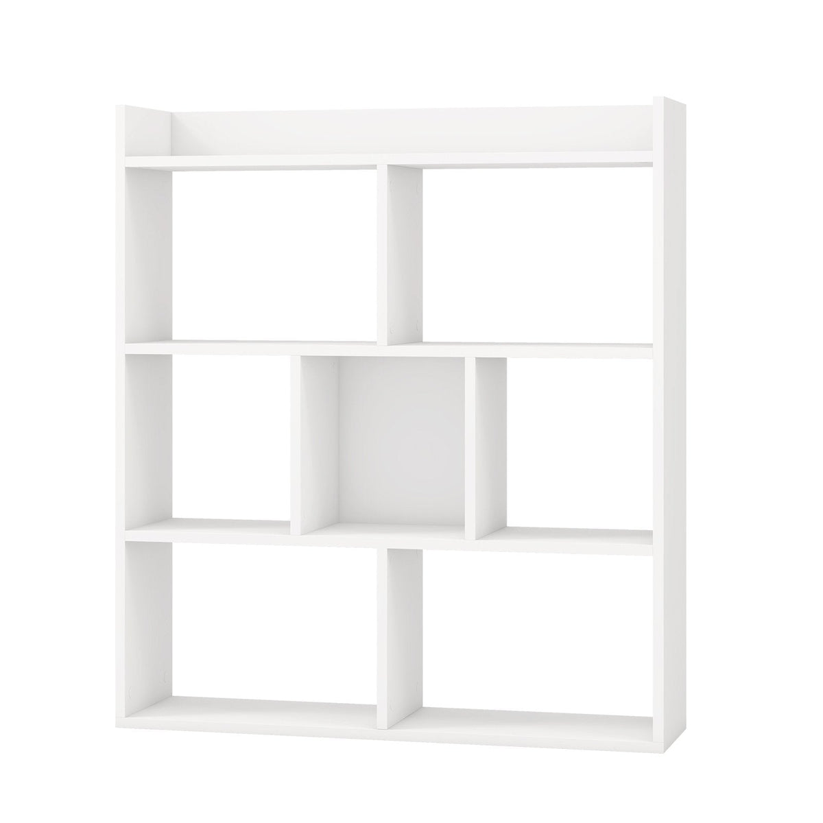 White 7 Cube Open Back Bookshelf with Raised Top Edge and 2 Anti Toppling Devices
