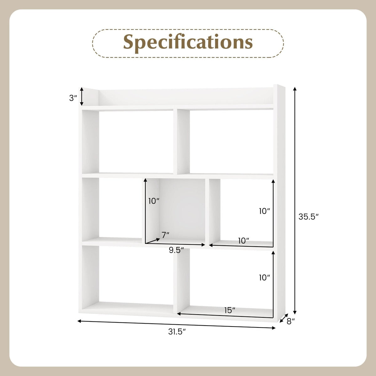 White 7 Cube Open Back Bookshelf with Raised Top Edge and 2 Anti Toppling Devices