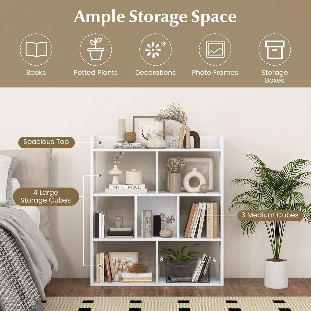 White 7 Cube Open Back Bookshelf with Raised Top Edge and 2 Anti Toppling Devices
