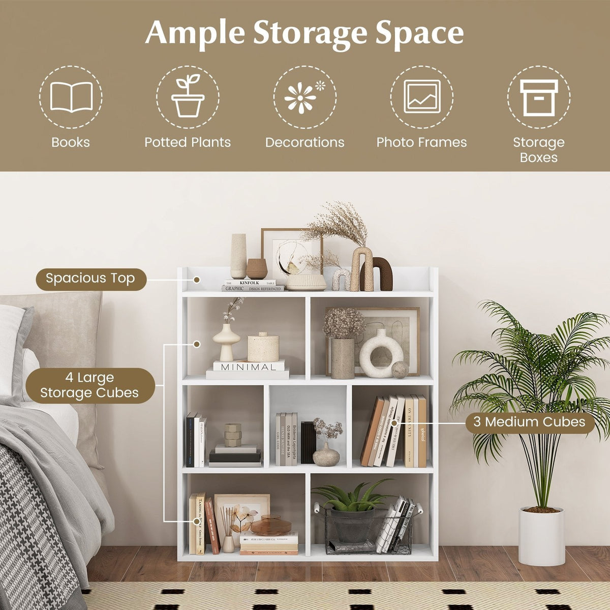 White 7 Cube Open Back Bookshelf with Raised Top Edge and 2 Anti Toppling Devices