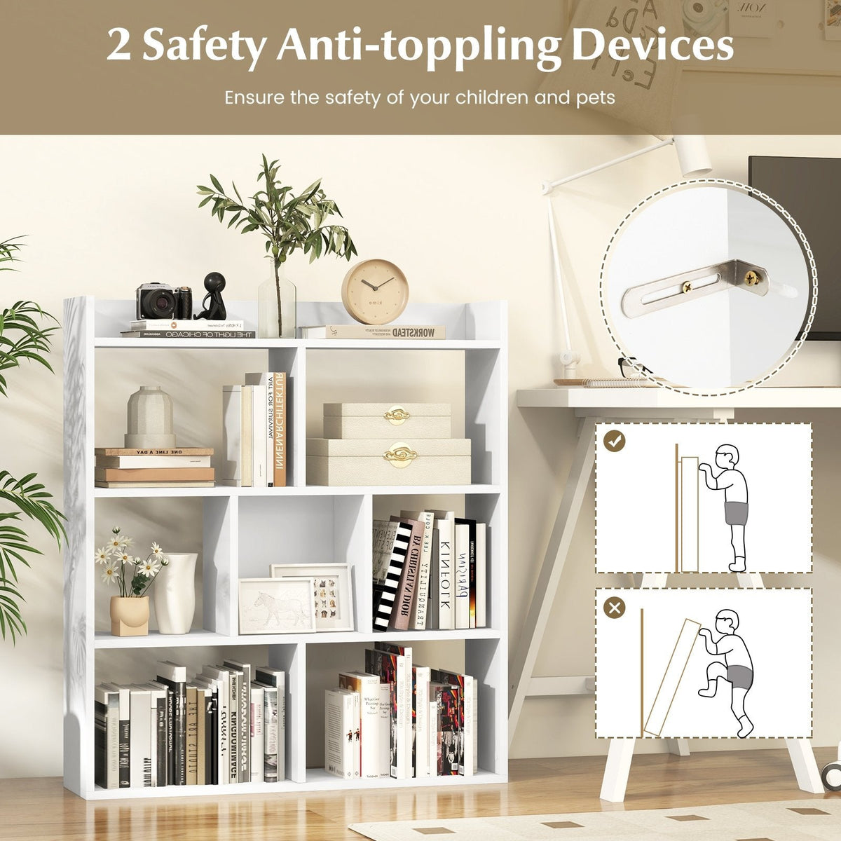 White 7 Cube Open Back Bookshelf with Raised Top Edge and 2 Anti Toppling Devices
