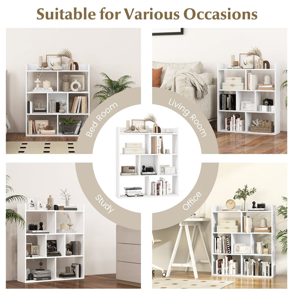 White 7 Cube Open Back Bookshelf with Raised Top Edge and 2 Anti Toppling Devices