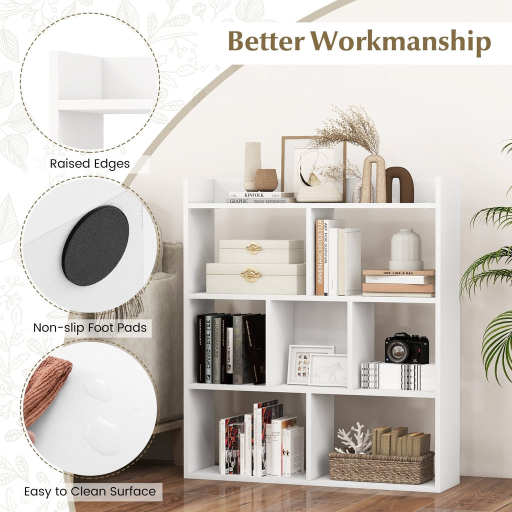 White 7 Cube Open Back Bookshelf with Raised Top Edge and 2 Anti Toppling Devices