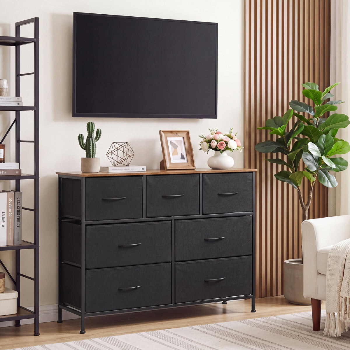 7-Drawer Wide Dresser with 2-Sized Folding Fabric Drawers for Bedroom-Black