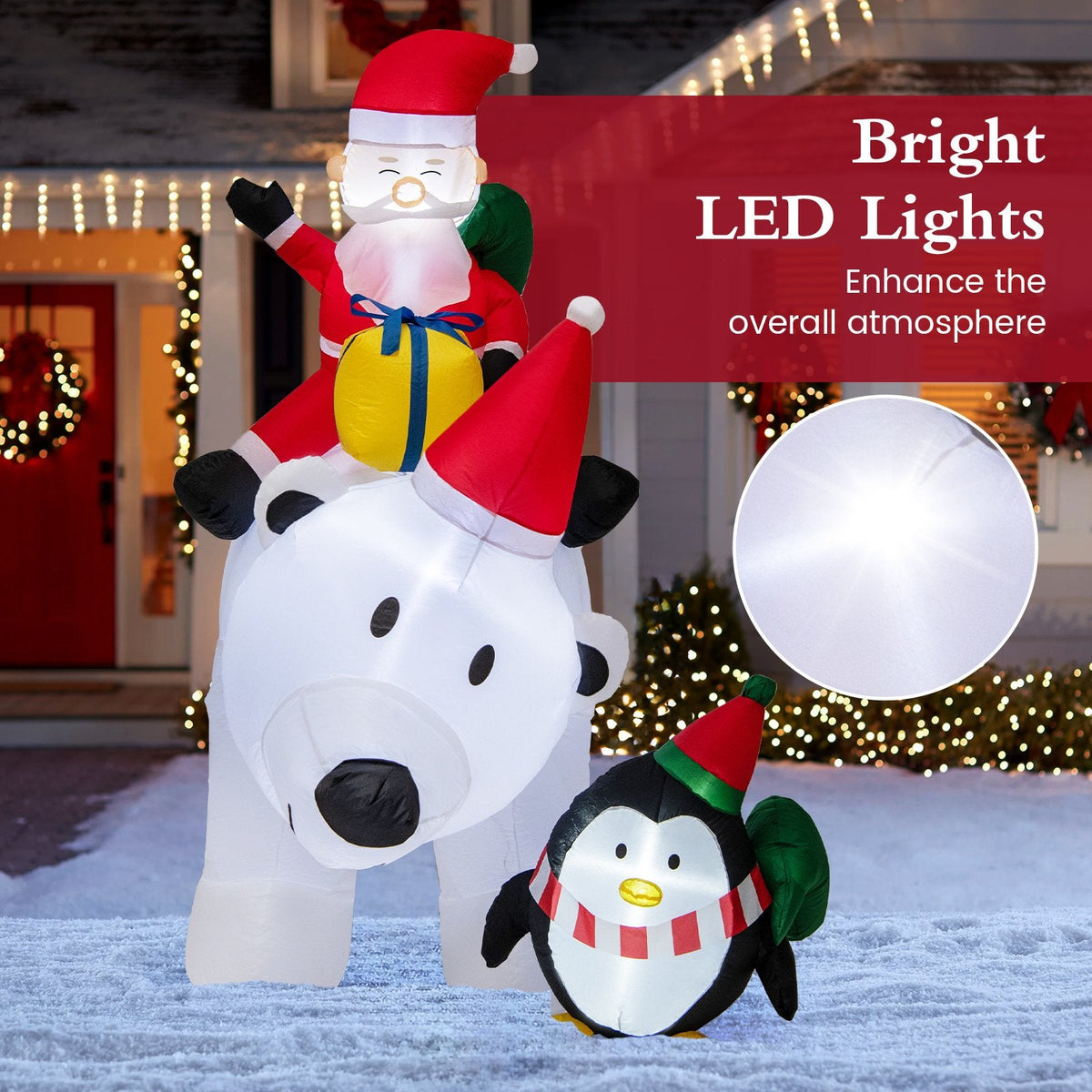 7 Feet Inflatable Santa Claus Riding Bear with Penguin Gift Bags and Gift Box