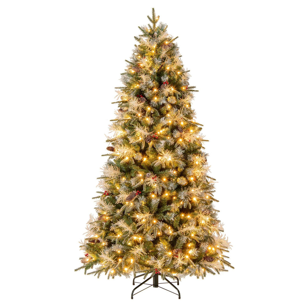 7 FT Pre-Lit Snow Sprayed Christmas Tree, 1072 Tips, 40 Pine Cones, 40 Berry Clusters, 350 LEDs