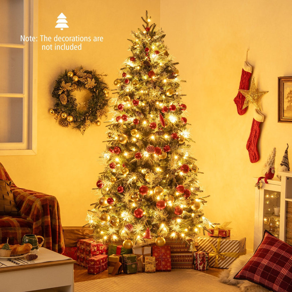 7 FT Pre-Lit Snow Sprayed Christmas Tree, 1072 Tips, 40 Pine Cones, 40 Berry Clusters, 350 LEDs