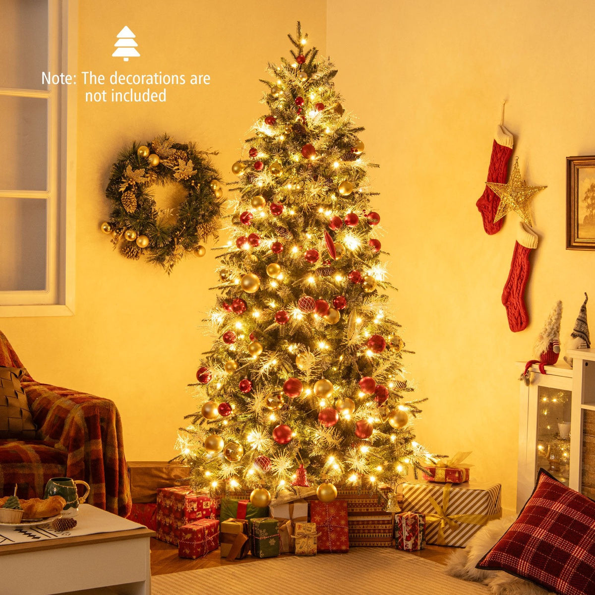 7 FT Pre-Lit Snow Sprayed Christmas Tree, 1072 Tips, 40 Pine Cones, 40 Berry Clusters, 350 LEDs