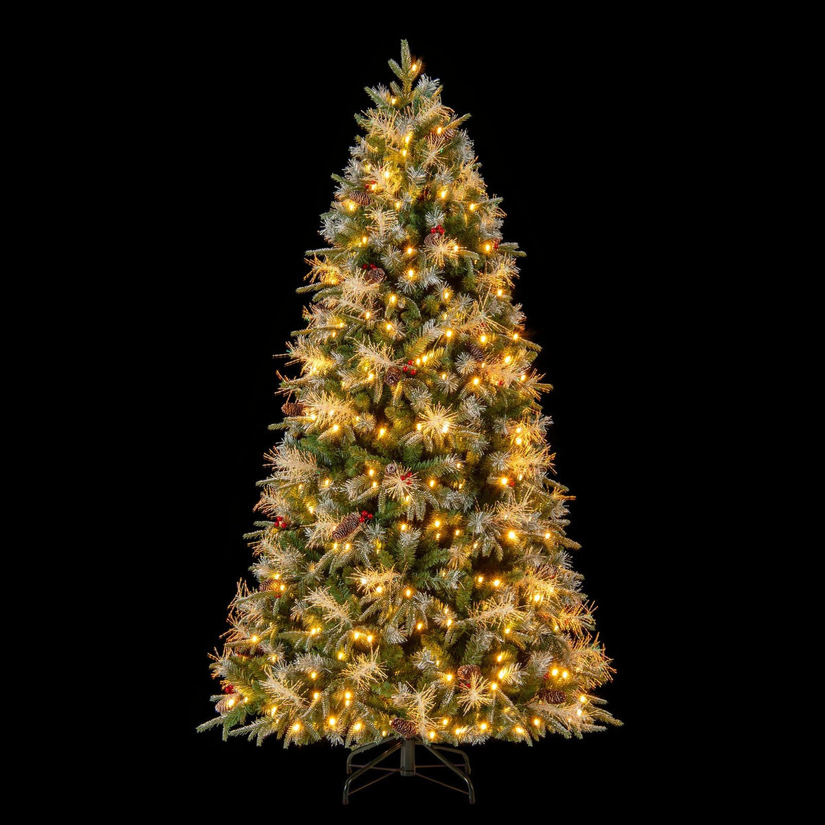 7 FT Pre-Lit Snow Sprayed Christmas Tree, 1072 Tips, 40 Pine Cones, 40 Berry Clusters, 350 LEDs