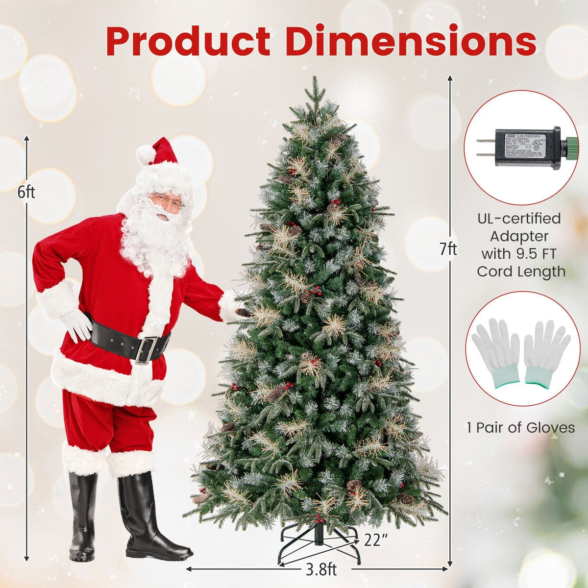 7 FT Pre-Lit Snow Sprayed Christmas Tree, 1072 Tips, 40 Pine Cones, 40 Berry Clusters, 350 LEDs
