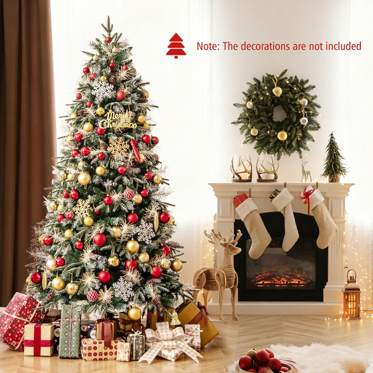 7 FT Pre-Lit Snow Sprayed Christmas Tree, 1072 Tips, 40 Pine Cones, 40 Berry Clusters, 350 LEDs