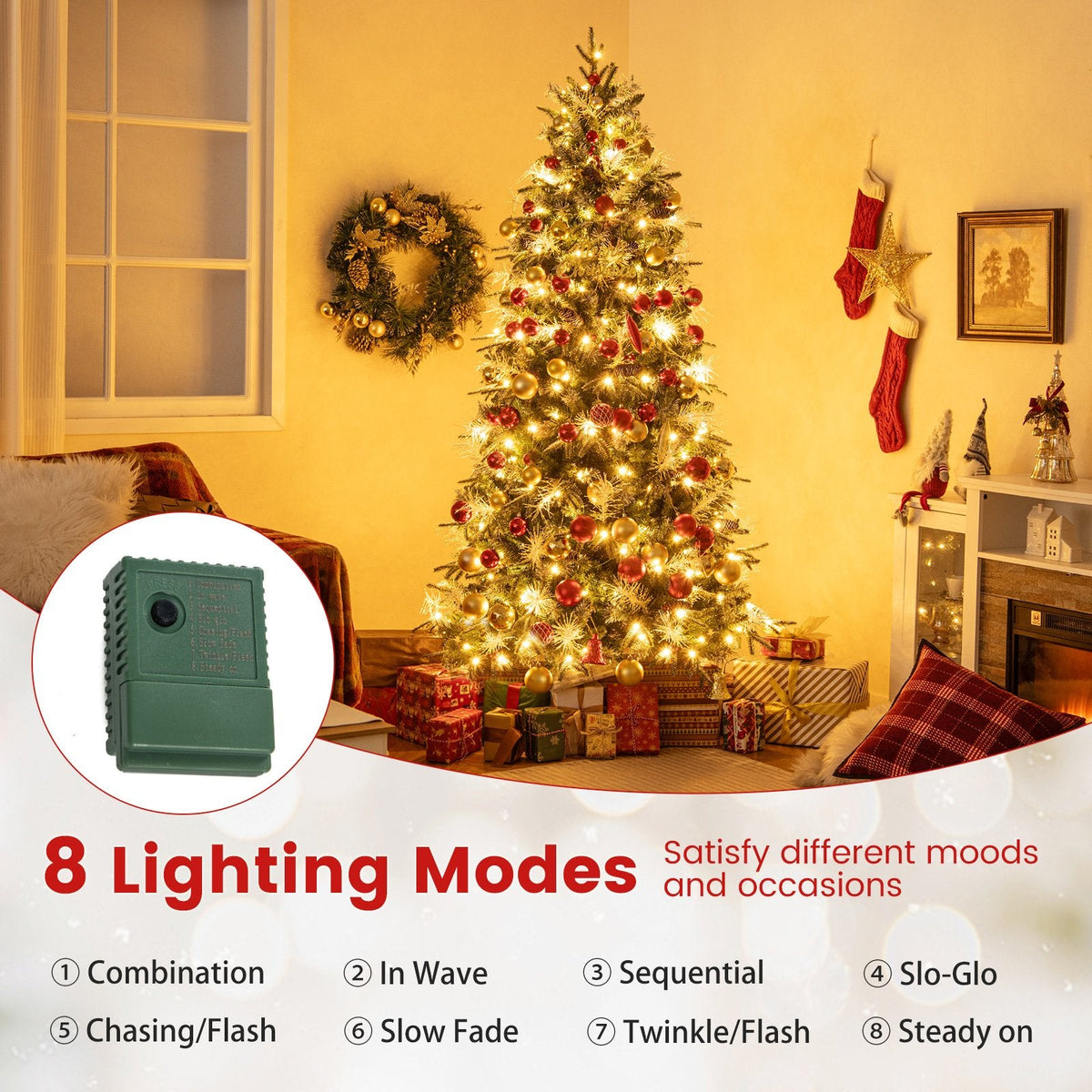 7 FT Pre-Lit Snow Sprayed Christmas Tree, 1072 Tips, 40 Pine Cones, 40 Berry Clusters, 350 LEDs