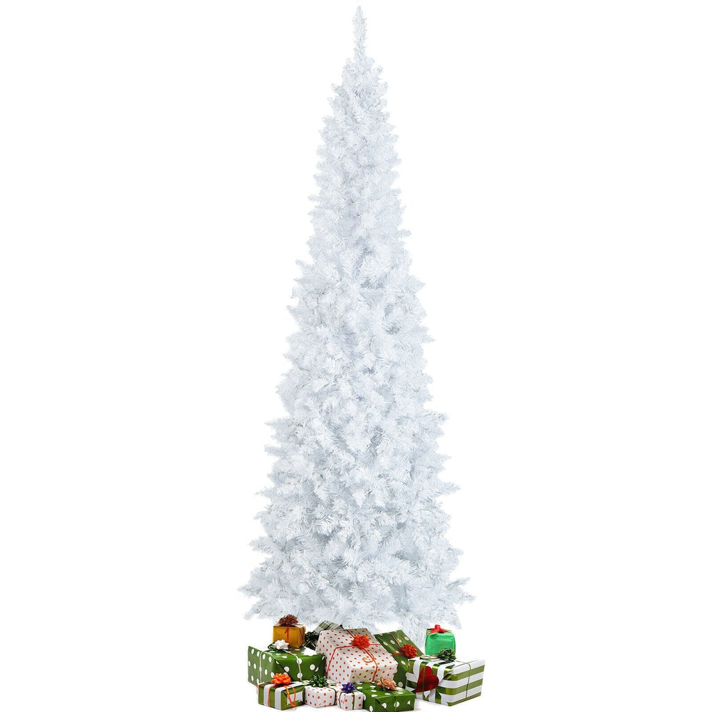 7 FT White Pre-Lit Pencil Christmas Tree, Hinged, 800 Tips, 300 Warm White LEDs and 8 Flash Modes