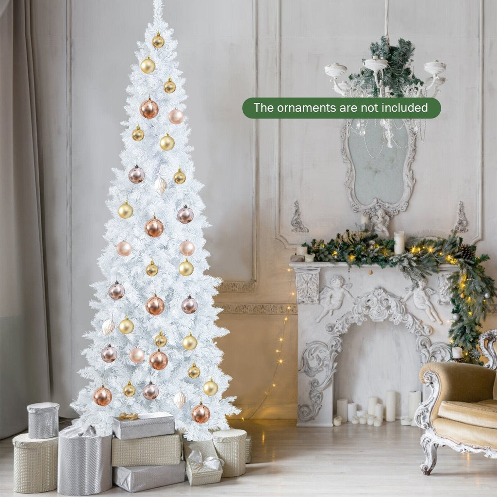 7 FT White Pre-Lit Pencil Christmas Tree, Hinged, 800 Tips, 300 Warm White LEDs and 8 Flash Modes
