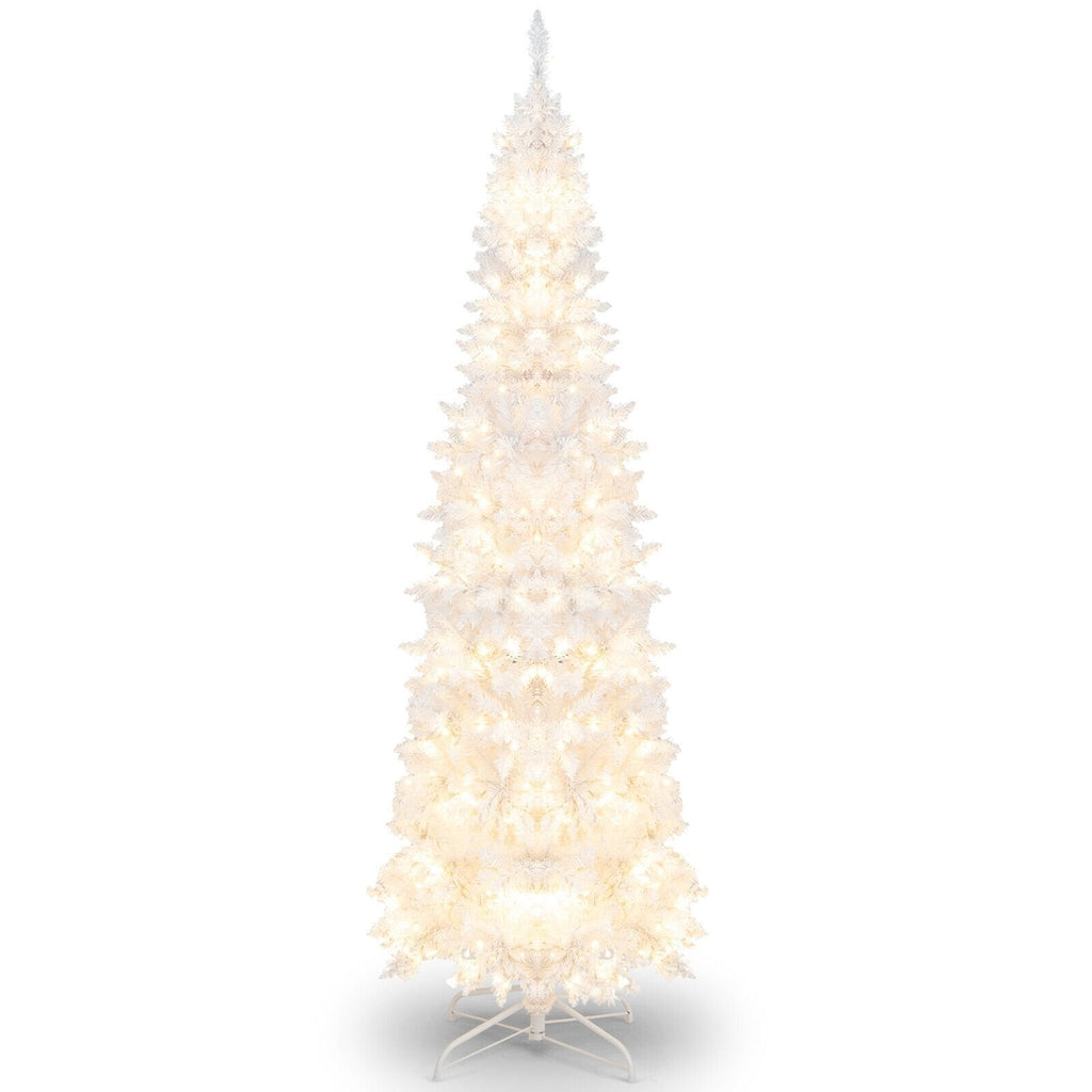 7 FT White Pre-Lit Pencil Christmas Tree, Hinged, 800 Tips, 300 Warm White LEDs and 8 Flash Modes