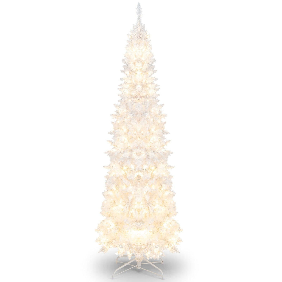 7 FT White Pre-Lit Pencil Christmas Tree, Hinged, 800 Tips, 300 Warm White LEDs and 8 Flash Modes