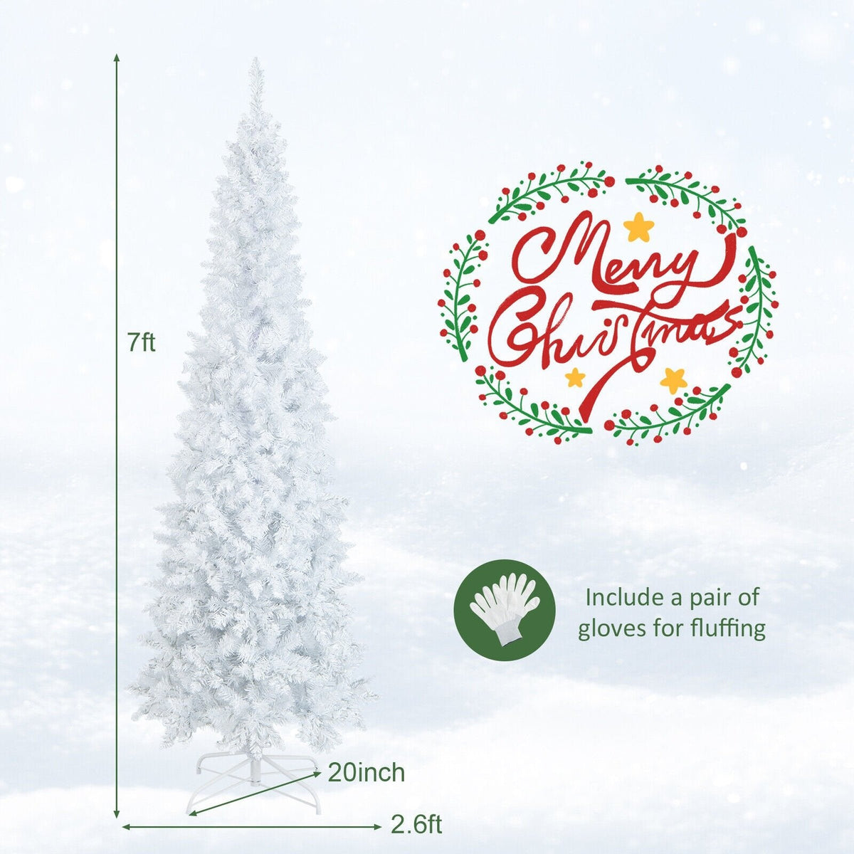 7 FT White Pre-Lit Pencil Christmas Tree, Hinged, 800 Tips, 300 Warm White LEDs and 8 Flash Modes