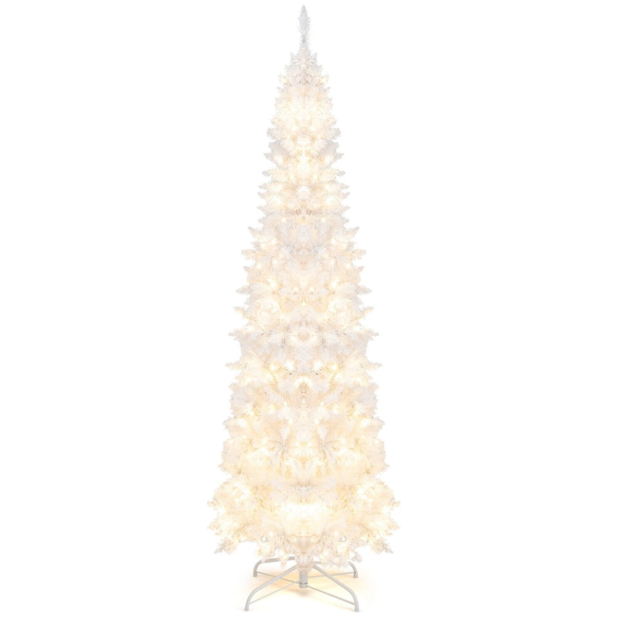 7 FT White Pre-Lit Pencil Christmas Tree, Hinged, 800 Tips, 300 Warm White LEDs and 8 Flash Modes