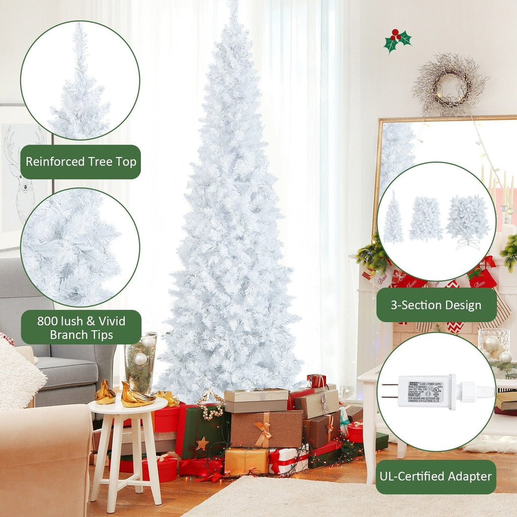 7 FT White Pre-Lit Pencil Christmas Tree, Hinged, 800 Tips, 300 Warm White LEDs and 8 Flash Modes
