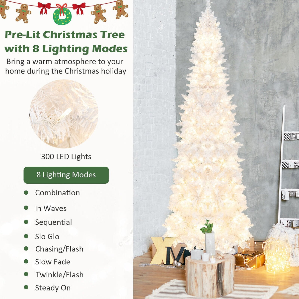 7 FT White Pre-Lit Pencil Christmas Tree, Hinged, 800 Tips, 300 Warm White LEDs and 8 Flash Modes
