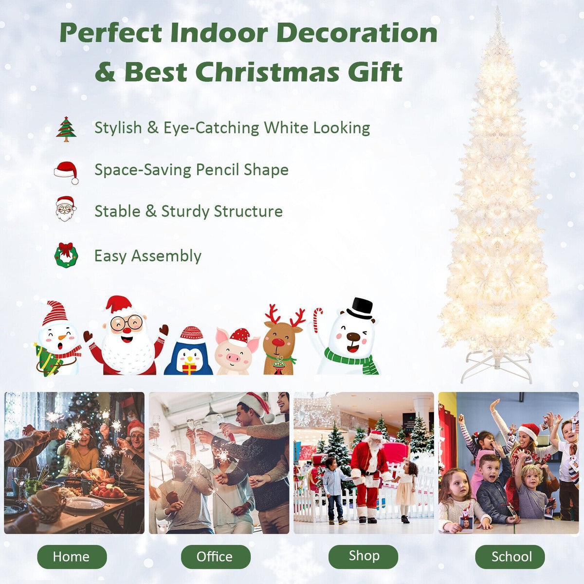 7 FT White Pre-Lit Pencil Christmas Tree, Hinged, 800 Tips, 300 Warm White LEDs and 8 Flash Modes