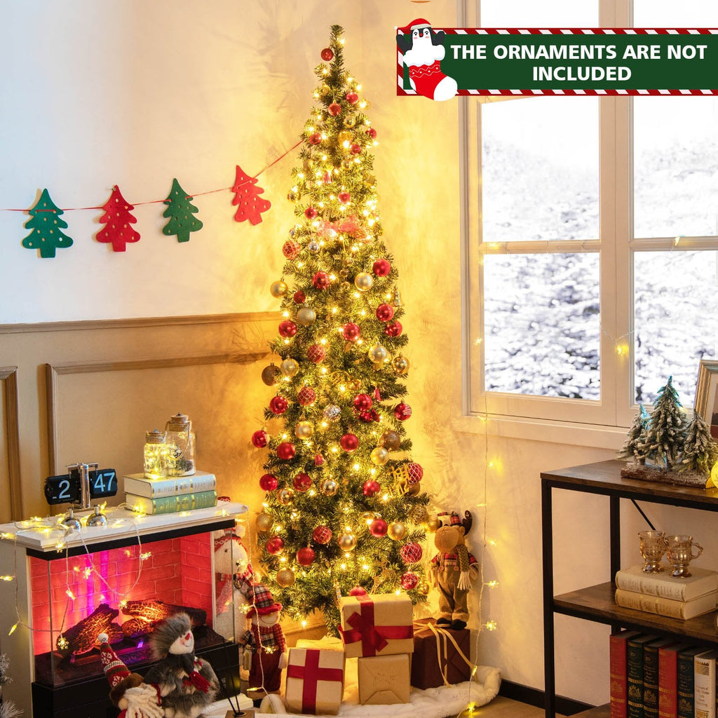 7 FT Pre-Lit Half Christmas Tree, Flat Back Wall Tree with 450 Tips and 150 Warm White Lights
