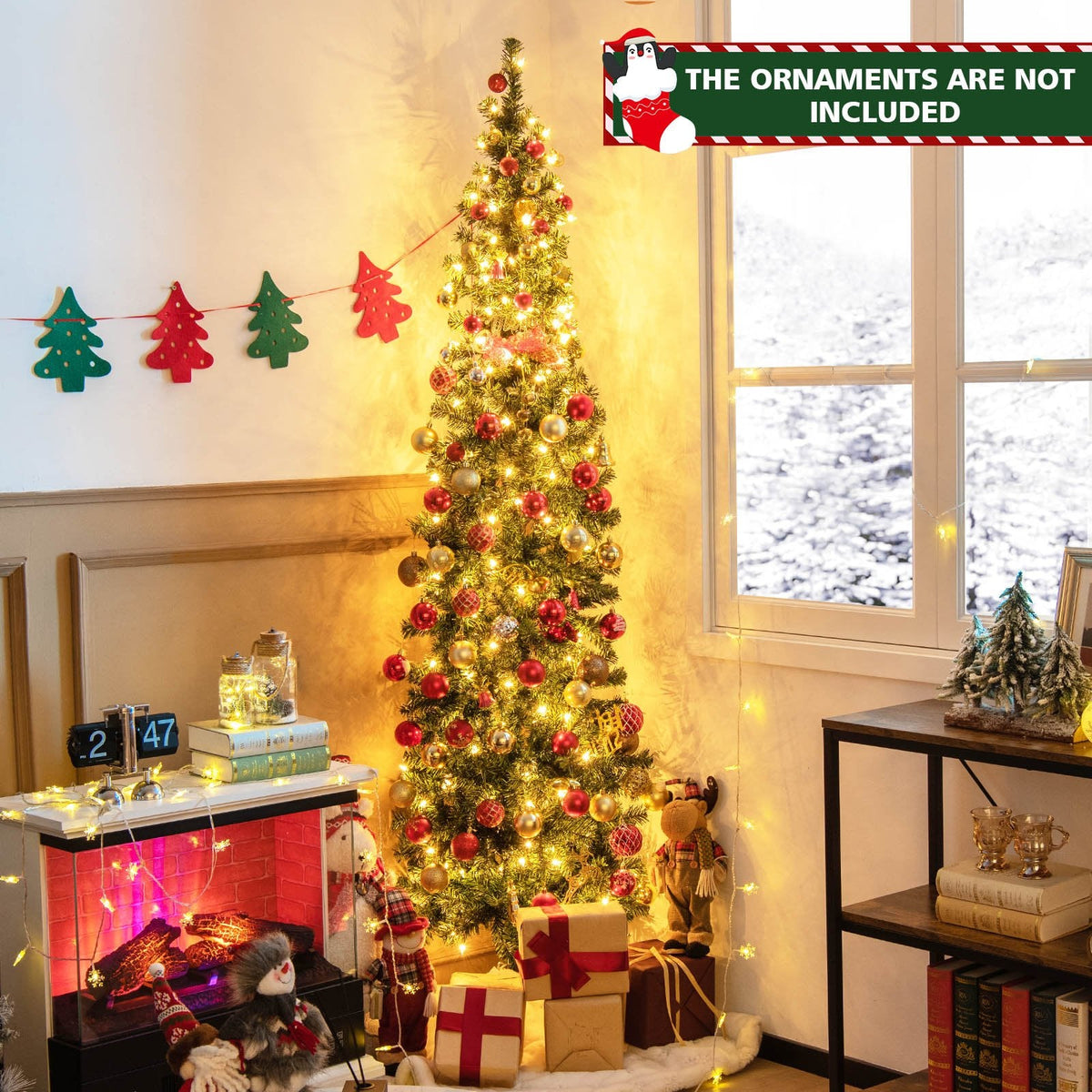 7 FT Pre-Lit Half Christmas Tree, Flat Back Wall Tree with 450 Tips and 150 Warm White Lights