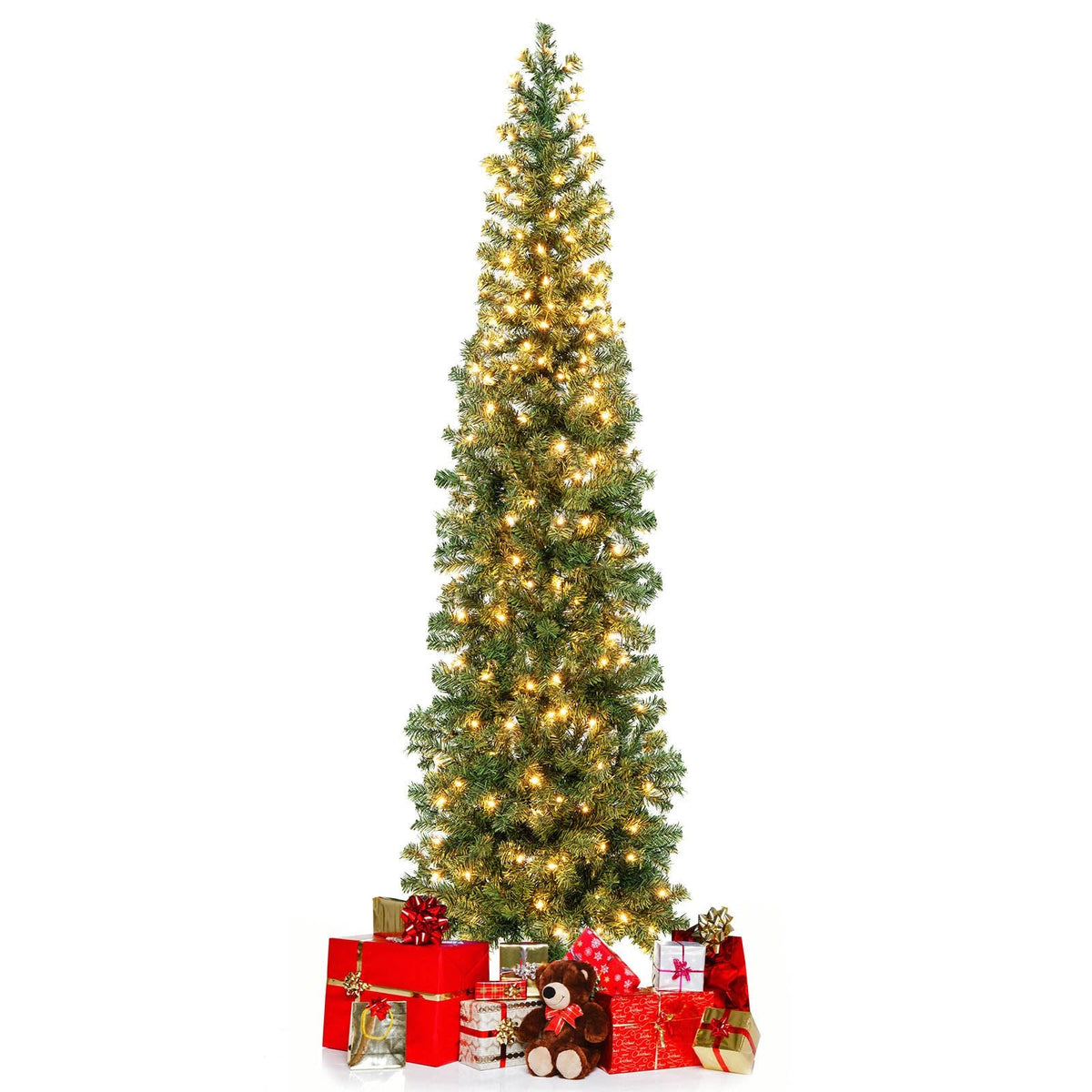 7 FT Pre-Lit Half Christmas Tree, Flat Back Wall Tree with 450 Tips and 150 Warm White Lights