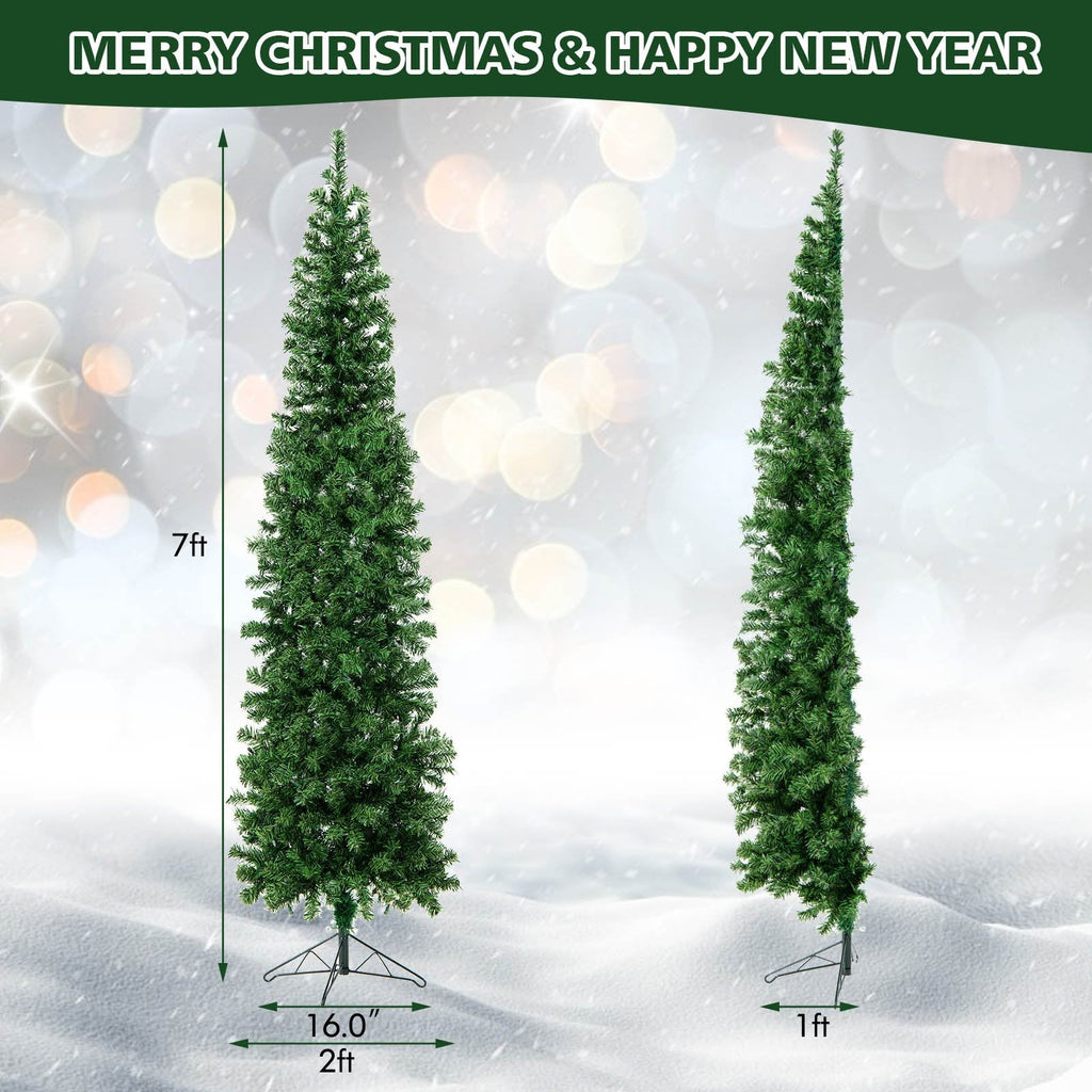 7 FT Pre-Lit Half Christmas Tree, Flat Back Wall Tree with 450 Tips and 150 Warm White Lights
