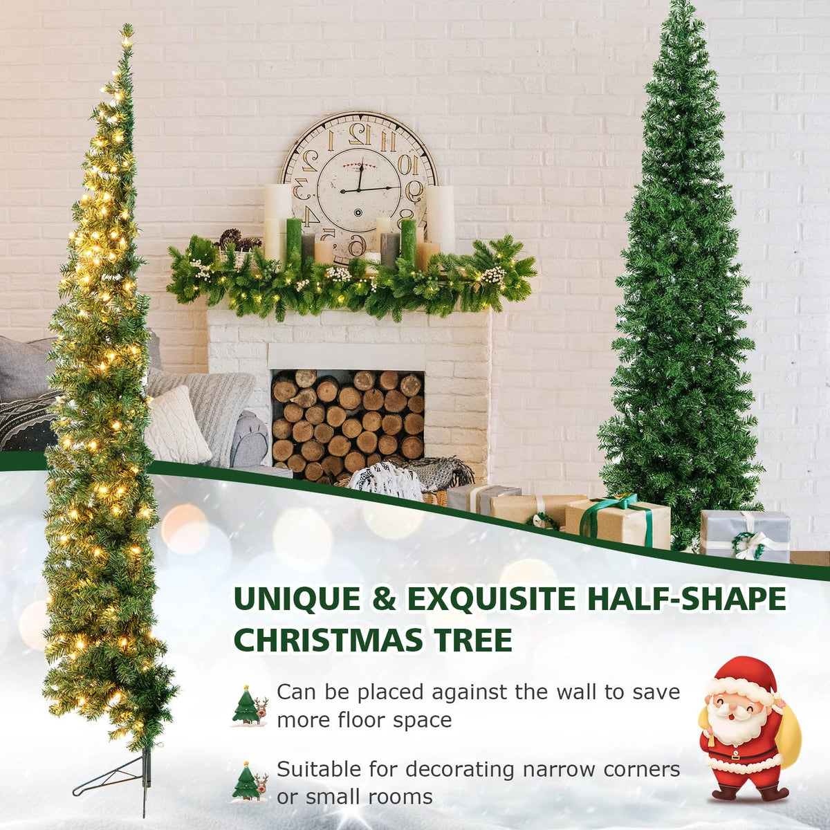 7 FT Pre-Lit Half Christmas Tree, Flat Back Wall Tree with 450 Tips and 150 Warm White Lights