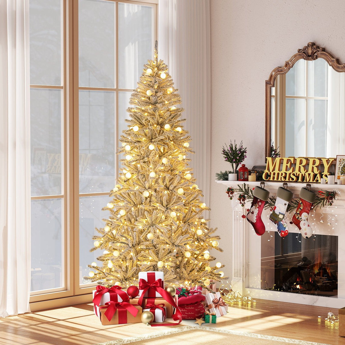 7 FT Silver Snow Flocked Pre-Lit Christmas Tree, 905 Tips, 65 Frosted Sphere Lights and Remote