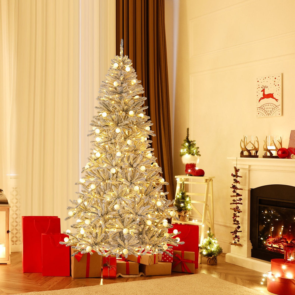 7 FT Silver Snow Flocked Pre-Lit Christmas Tree, 905 Tips, 65 Frosted Sphere Lights and Remote