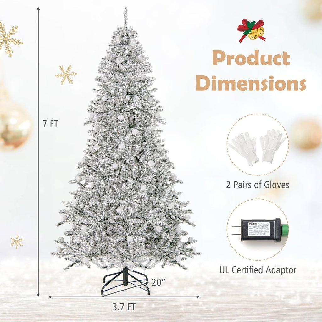 7 FT Silver Snow Flocked Pre-Lit Christmas Tree, 905 Tips, 65 Frosted Sphere Lights and Remote