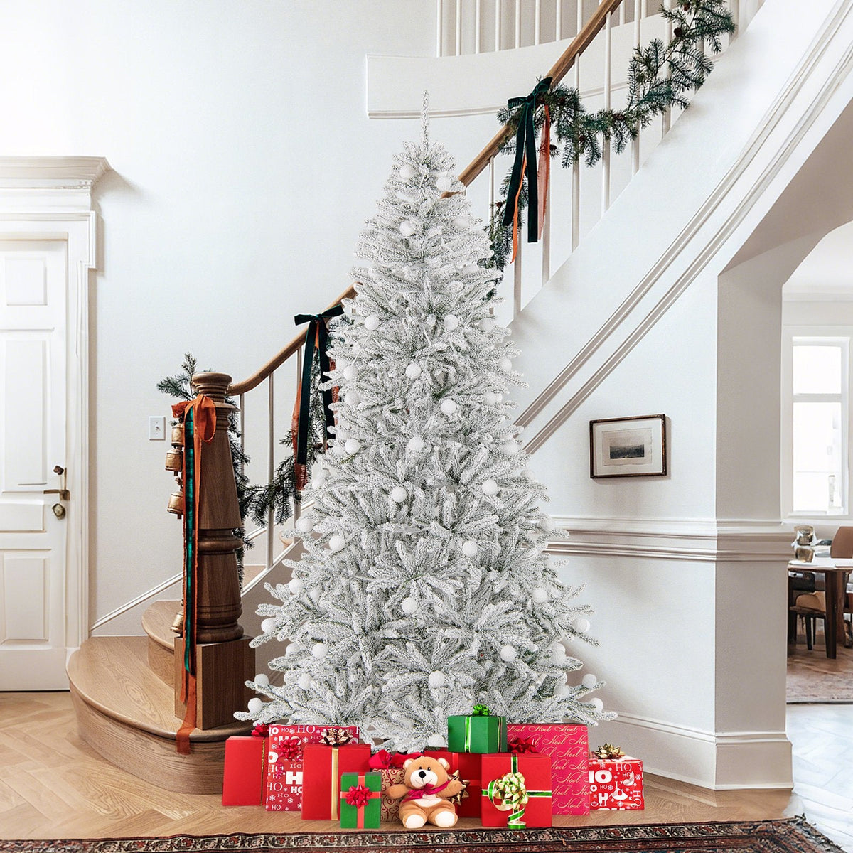 7 FT Silver Snow Flocked Pre-Lit Christmas Tree, 905 Tips, 65 Frosted Sphere Lights and Remote