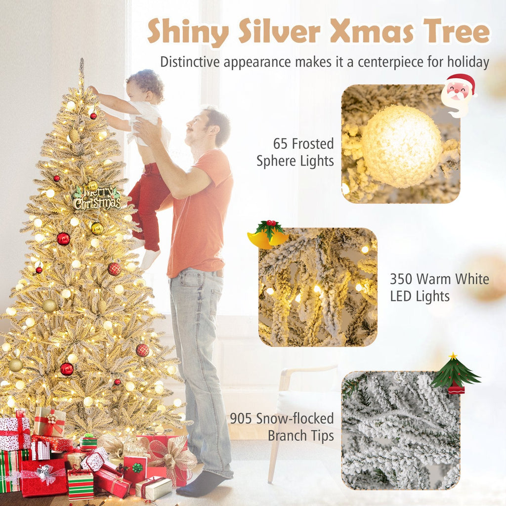 7 FT Silver Snow Flocked Pre-Lit Christmas Tree, 905 Tips, 65 Frosted Sphere Lights and Remote